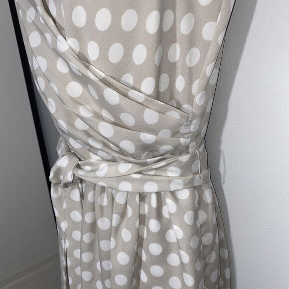 EUC Express Size 8 Champagne Polka Dot Satin Lined Fit & Flare Dress W/Pockets - Picture 8 of 16